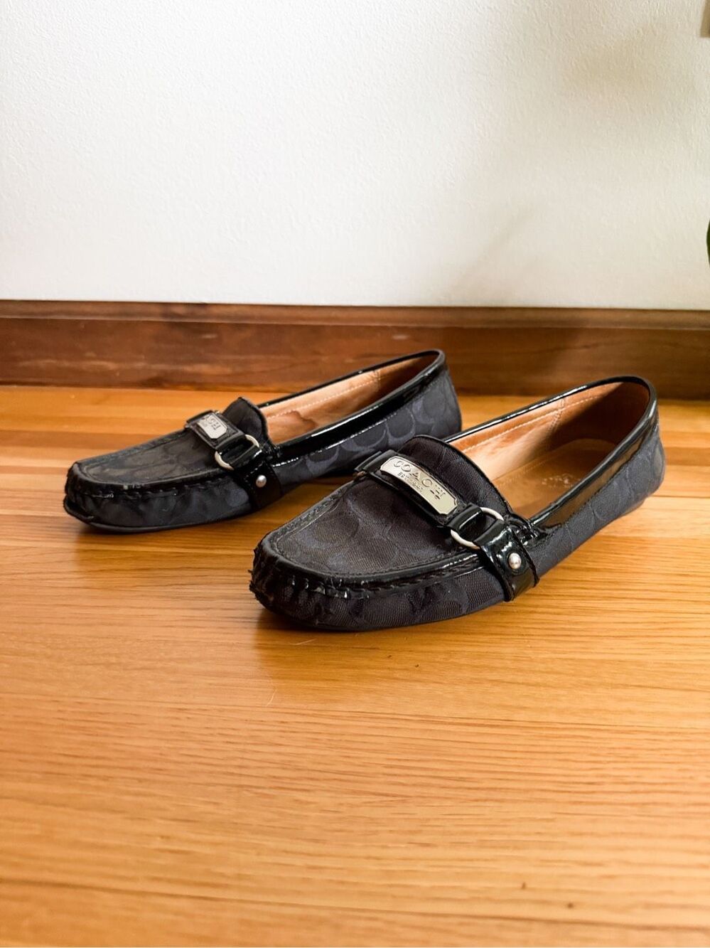 Coach Felisha Black Signature Jacquard Patent Trim Loafers Size 8.5